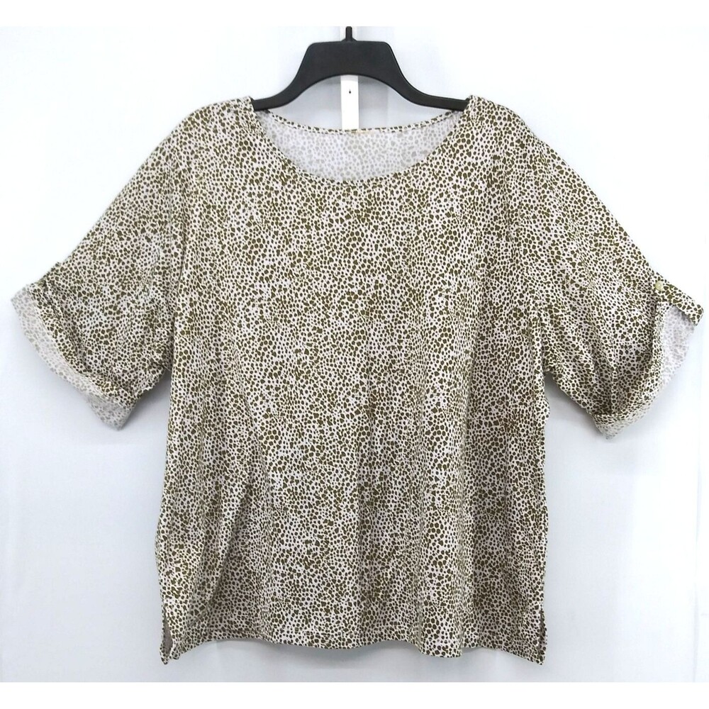 Ruby Rd Shirt Women Size 2XL Green Brown Animal Style Print Short Sleeve Top